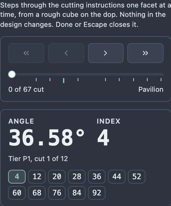 The cutting assistant bar at the first cut, showing the four step buttons, the slider, the Angle and Index readouts and the tier's teeth.