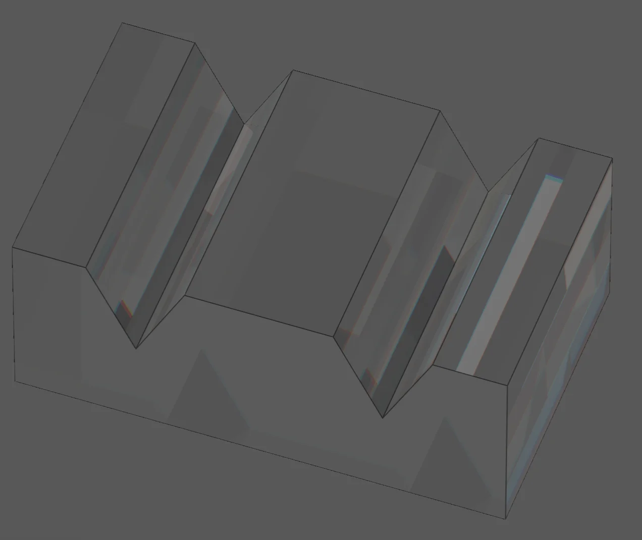 A clear bar with two V-shaped grooves along its top, in the Deterministic renderer: the groove walls show light that crossed the groove from the opposite wall