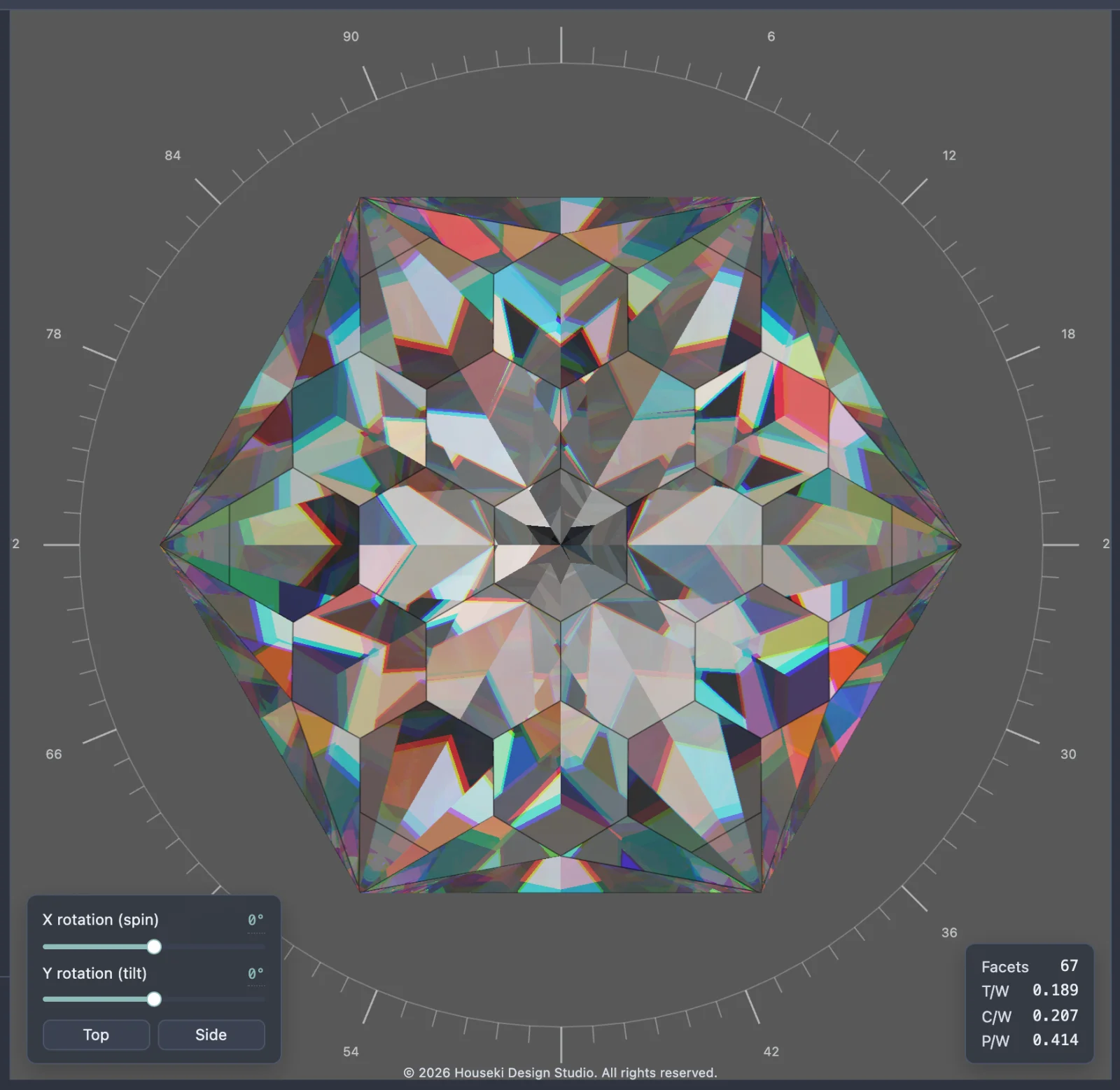 The stone rendered with dispersion (fire) turned up, showing coloured flashes at facet edges