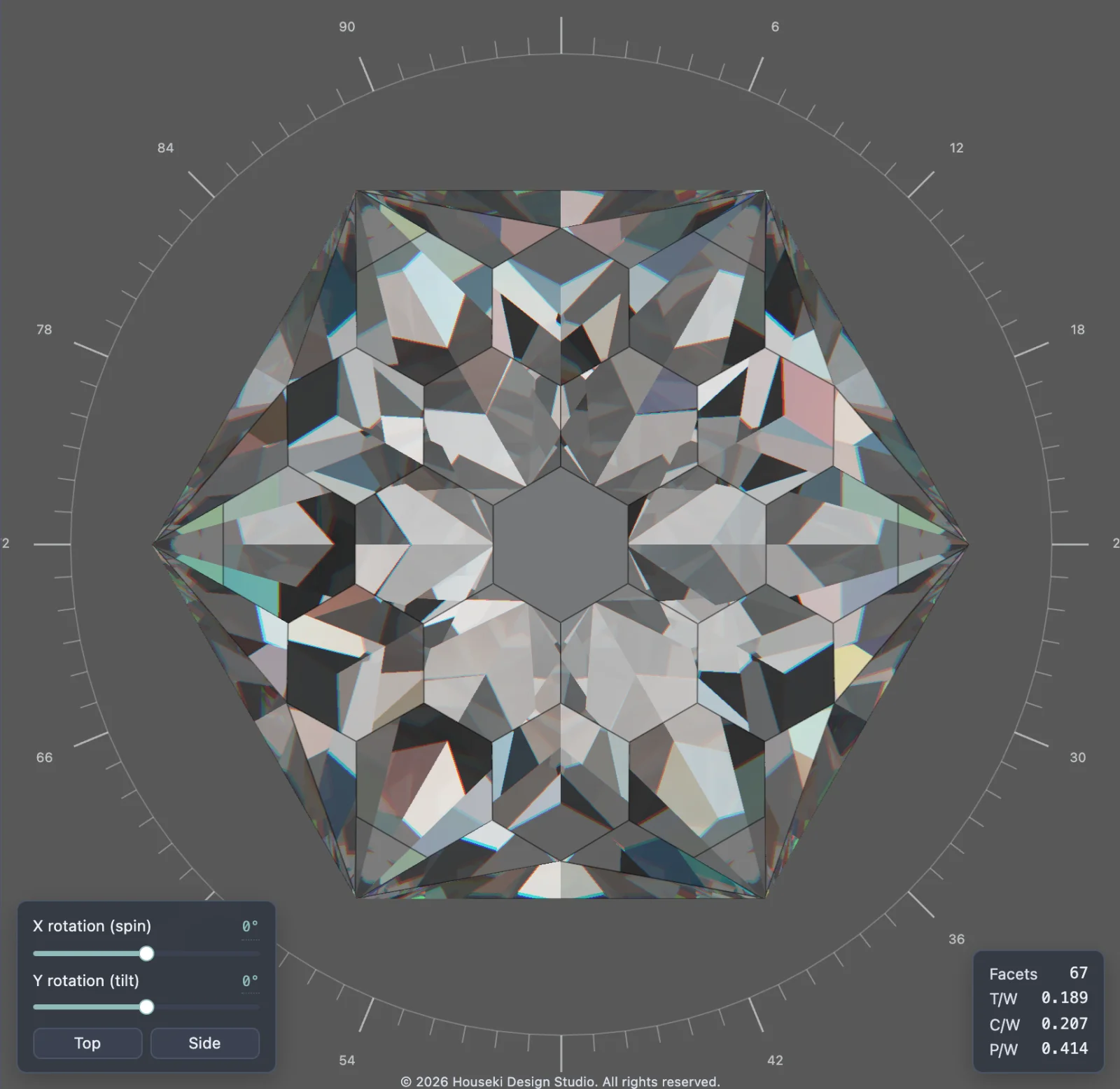 The stone in the Deterministic renderer with only its table frosted: the table is an even, cloudy shade while the facets around it sparkle as usual