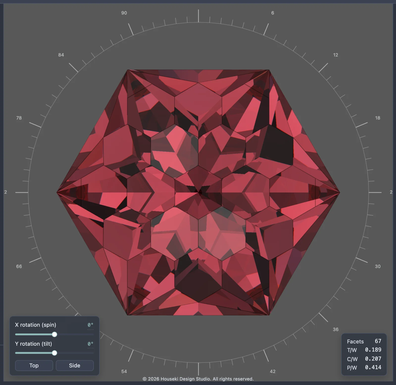 The stone rendered with the Ruby material preset, showing a red body colour