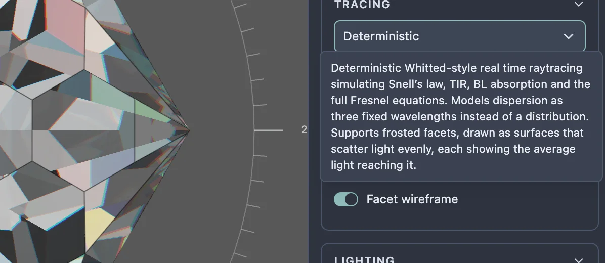The Tracing section of the settings with the renderer dropdown showing its tooltip, describing the Deterministic renderer