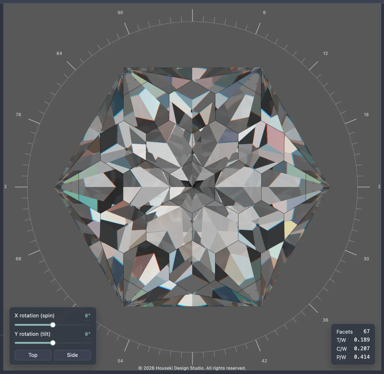 The stone rendered with the facet wireframe on, each visible facet outlined