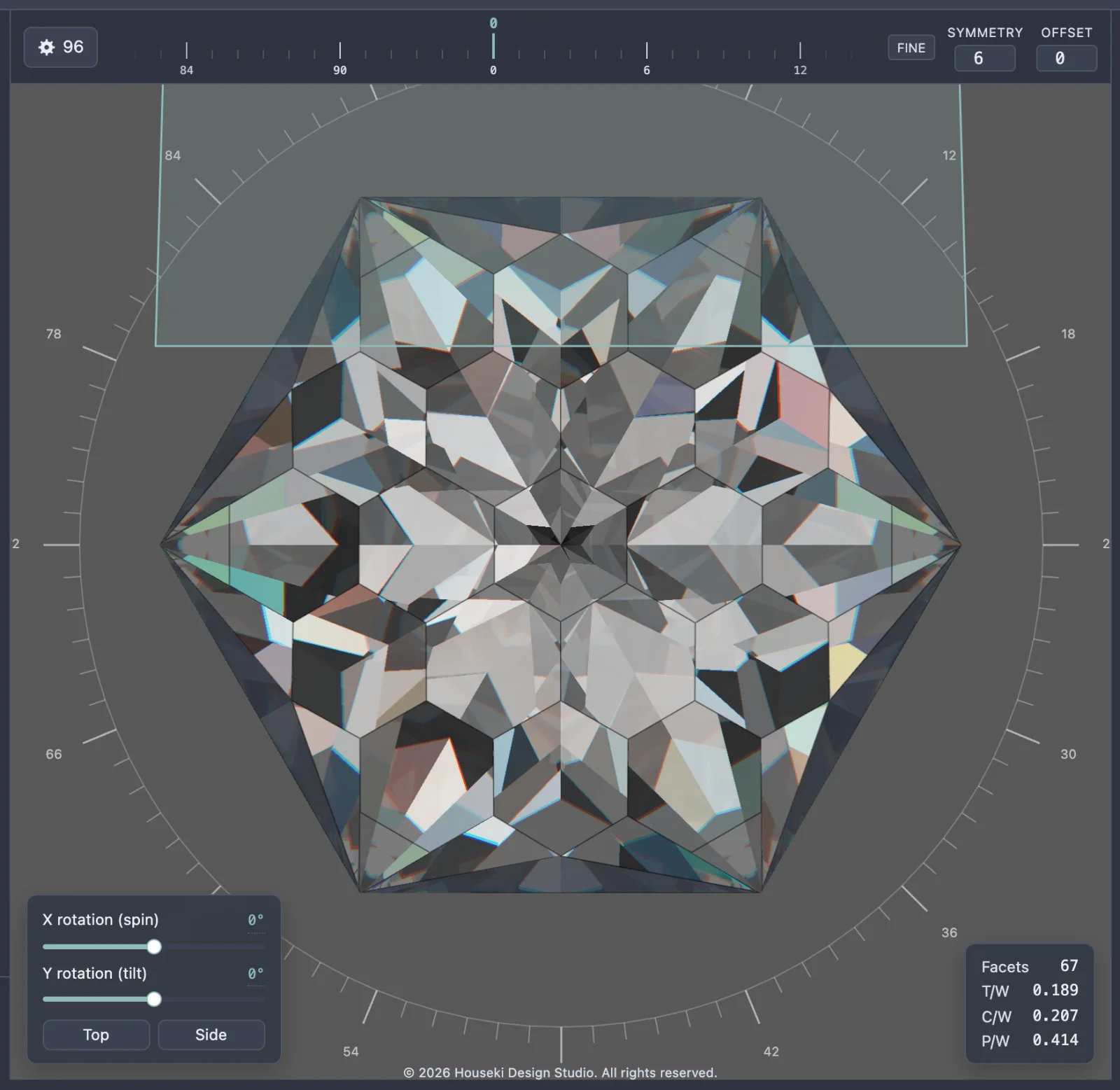 A close-up of the render in edit mode, showing the translucent cutting plane crossing the top of the stone at the facet being edited.