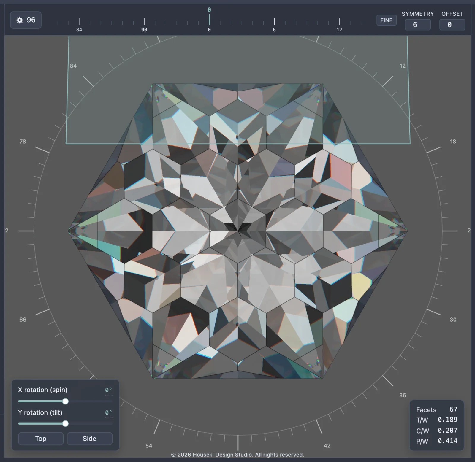 The render after dragging the Depth scale, showing the cutting plane and the facet cut deeper into the stone.