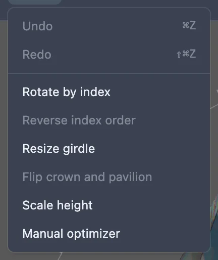 The Edit menu open, showing Undo, Redo, and the whole-design transforms below them.