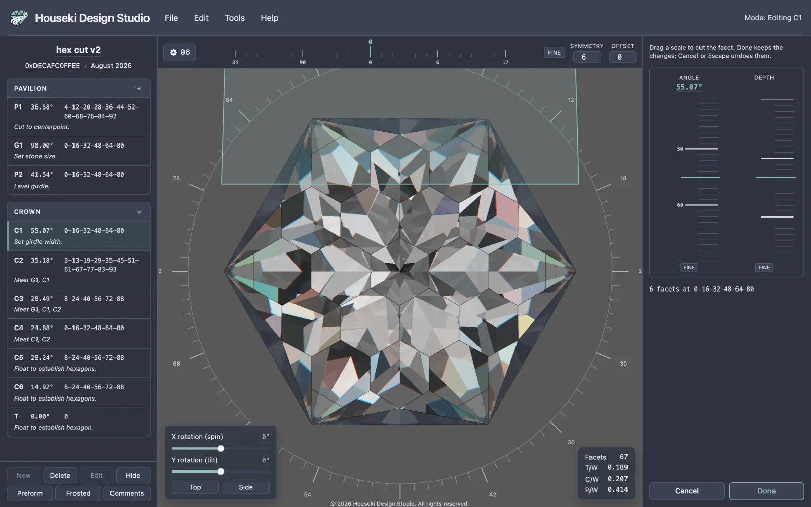 Edit mode open on tier C1: the mode readout reads Mode: Editing C1, the sub bar shows the index gear ruler and Symmetry/Offset fields, the cutting plane crosses the top of the stone, the edit panel on the right shows Angle and Depth scales, and the tier toolbar at the bottom left shows New and Edit greyed out.