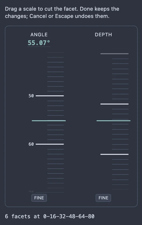 A close-up of the edit panel's top: the Angle and Depth tape rulers and, below them, the tier's facet count and teeth.