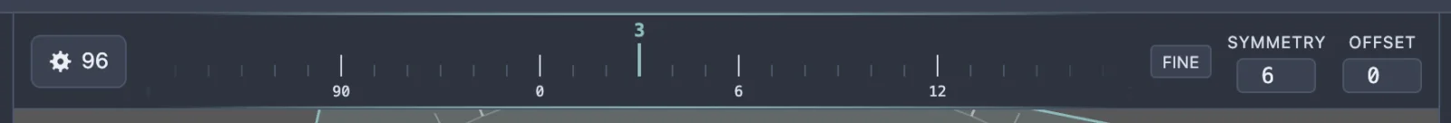 The sub bar's tooth tape after being dragged to a different tooth, with the Symmetry and Offset fields unchanged.