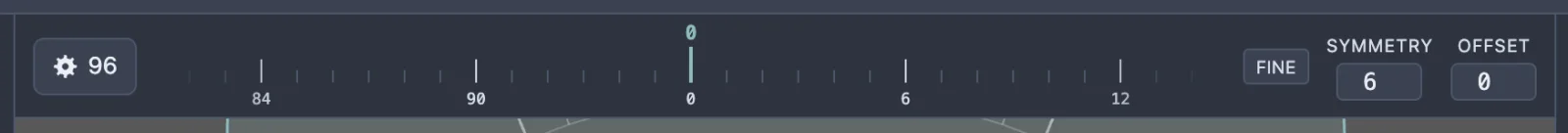 The sub bar in edit mode: the gear button reading 96 teeth, the scrolling tooth tape with tooth 0 centred, and the Symmetry and Offset fields.