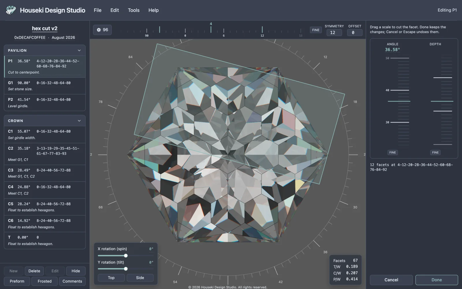 The studio in edit mode: the mode readout reading Editing P1, the sub bar above the render, a cutting plane laid over the stone, and the angle and depth scales on the right.