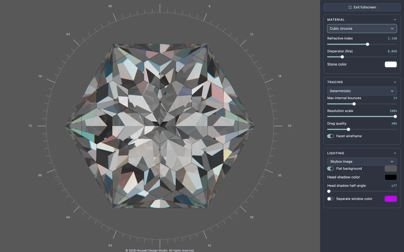 Fullscreen mode: only the render and the settings panel remain on screen, with the top bar and cutting instructions hidden.