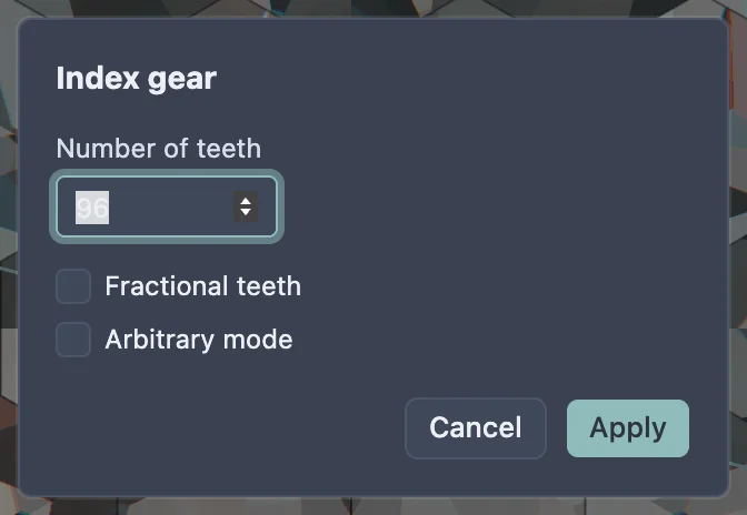 The index gear dialog: a Number of teeth field reading 96, and Fractional teeth and Arbitrary mode checkboxes.