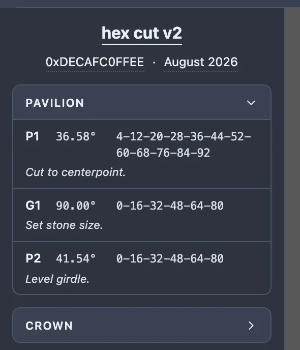 The cutting instructions pane: the cut header, the Pavilion section open showing its tier rows, and the Crown section folded shut below it.