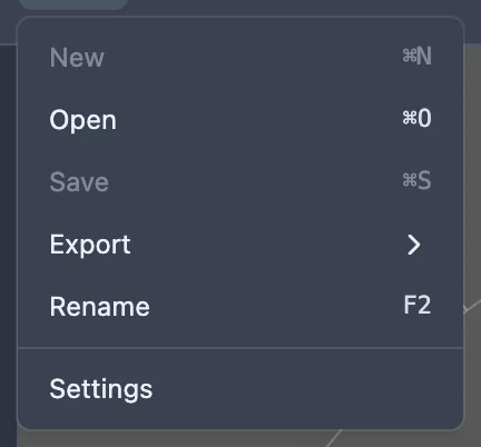 The File menu open, listing New, Open, Save, Export, Rename and Settings.