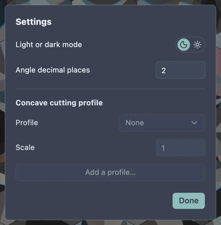 The Settings dialog: a light/dark toggle, an Angle decimal places field reading 2, and a greyed-out Concave cutting profile section.