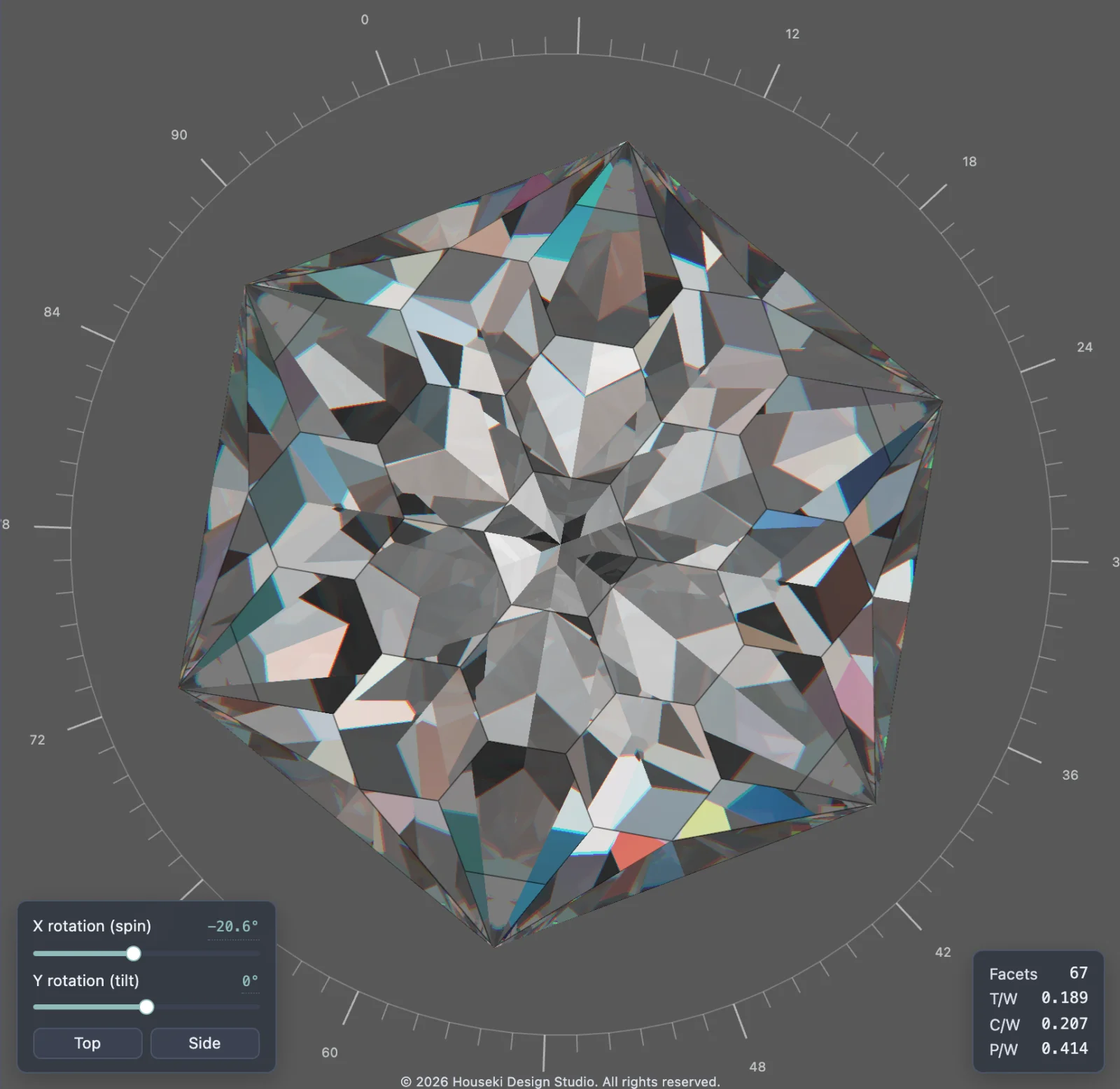 The render after holding Shift and dragging to the right: the stone is still face-up, turned about its own axis, the ring of index ticks still showing, and the X rotation slider reads a negative angle.