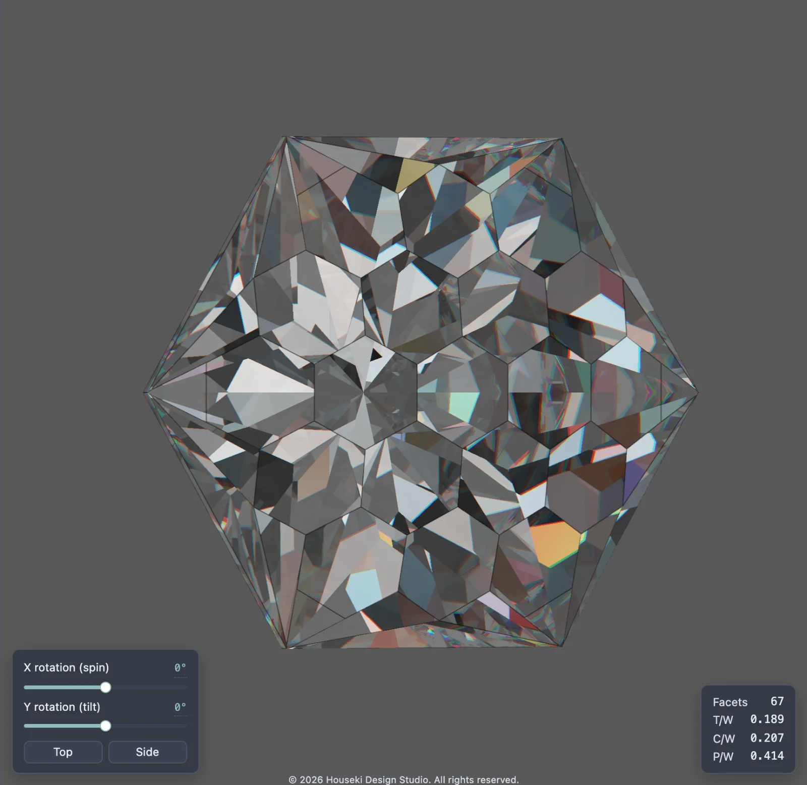 The render after dragging to the right: the stone's table is tipped towards the right and the ring of index ticks has faded out, while the X rotation and Y rotation sliders still read 0.