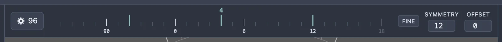 The sub bar shown only while editing: the index gear button reading 96, a scrolling ruler of teeth, and the Symmetry and Offset fields.