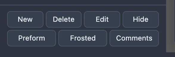 The tier toolbar with a tier selected: New, Delete, Edit and Hide active on the first row, Preform and Frosted active on the second, and Comments active.