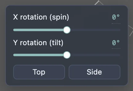 The X rotation (spin) and Y rotation (tilt) sliders, and the Top and Side buttons, laid over the bottom left of the render.