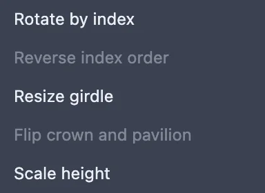 The Edit menu open, with Resize girdle highlighted among the other whole-design commands