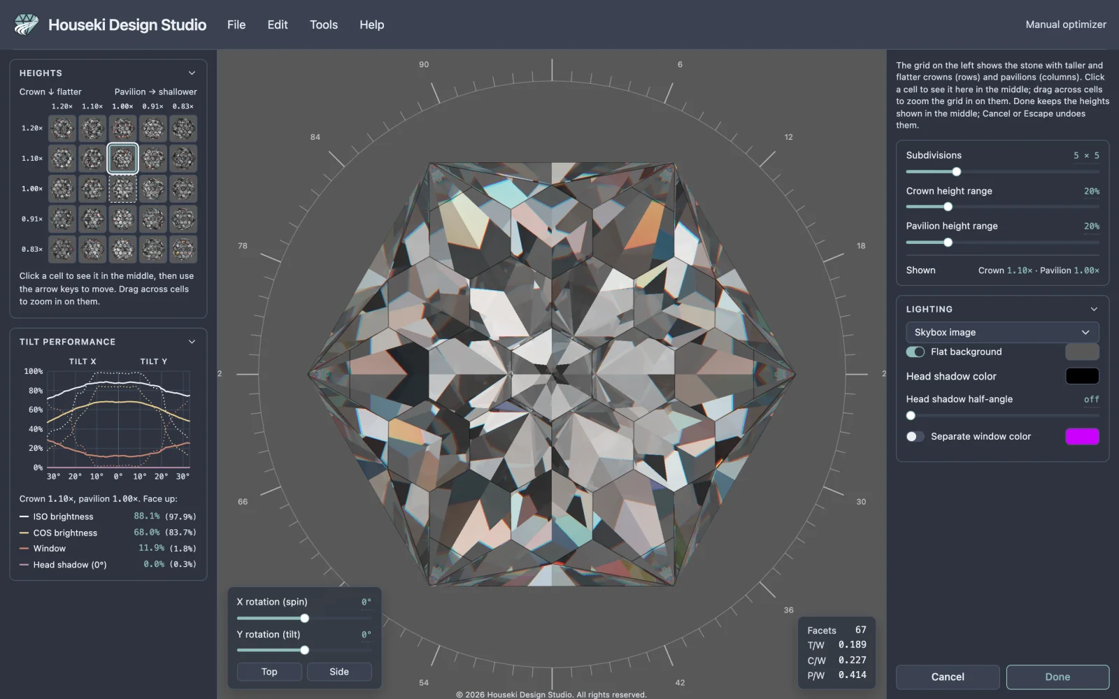 The studio after clicking the top row's fourth cell and pressing the down and left arrow keys: the keyboard cursor ring and the highlighted edge are on the second row's third cell, Shown reads Crown 1.10x, Pavilion 1.00x, and the stone in the middle and the tilt performance graph are of those heights.