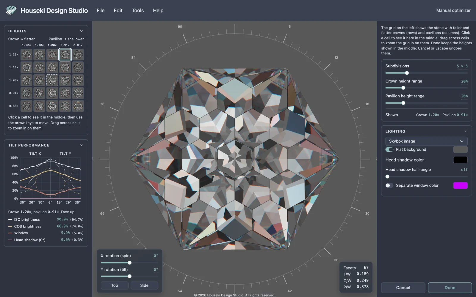 The studio after clicking the top row's fourth cell: that cell is highlighted, Shown reads Crown 1.20x, Pavilion 0.91x, the stone in the middle has the new heights, and the tilt performance graph under the grid has been measured for it.