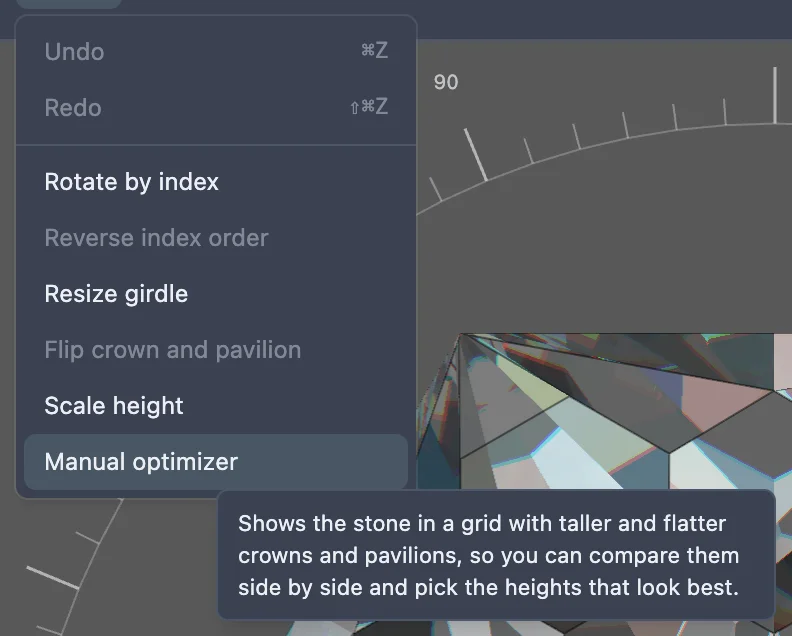 The Edit menu open with Manual optimizer highlighted, and its tooltip: Shows the stone in a grid with taller and flatter crowns and pavilions, so you can compare them side by side and pick the heights that look best.