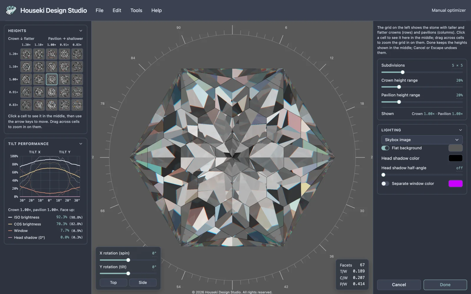 The manual optimizer open on the studio's startup stone: on the left a five by five grid of small face-up pictures of the stone, labelled with crown heights down the side and pavilion depths along the top, and under it a tilt performance graph; in the middle the stone itself; on the right the optimizer's settings with Subdivisions, Crown height range and Pavilion height range sliders, the Lighting settings, and Cancel and Done.