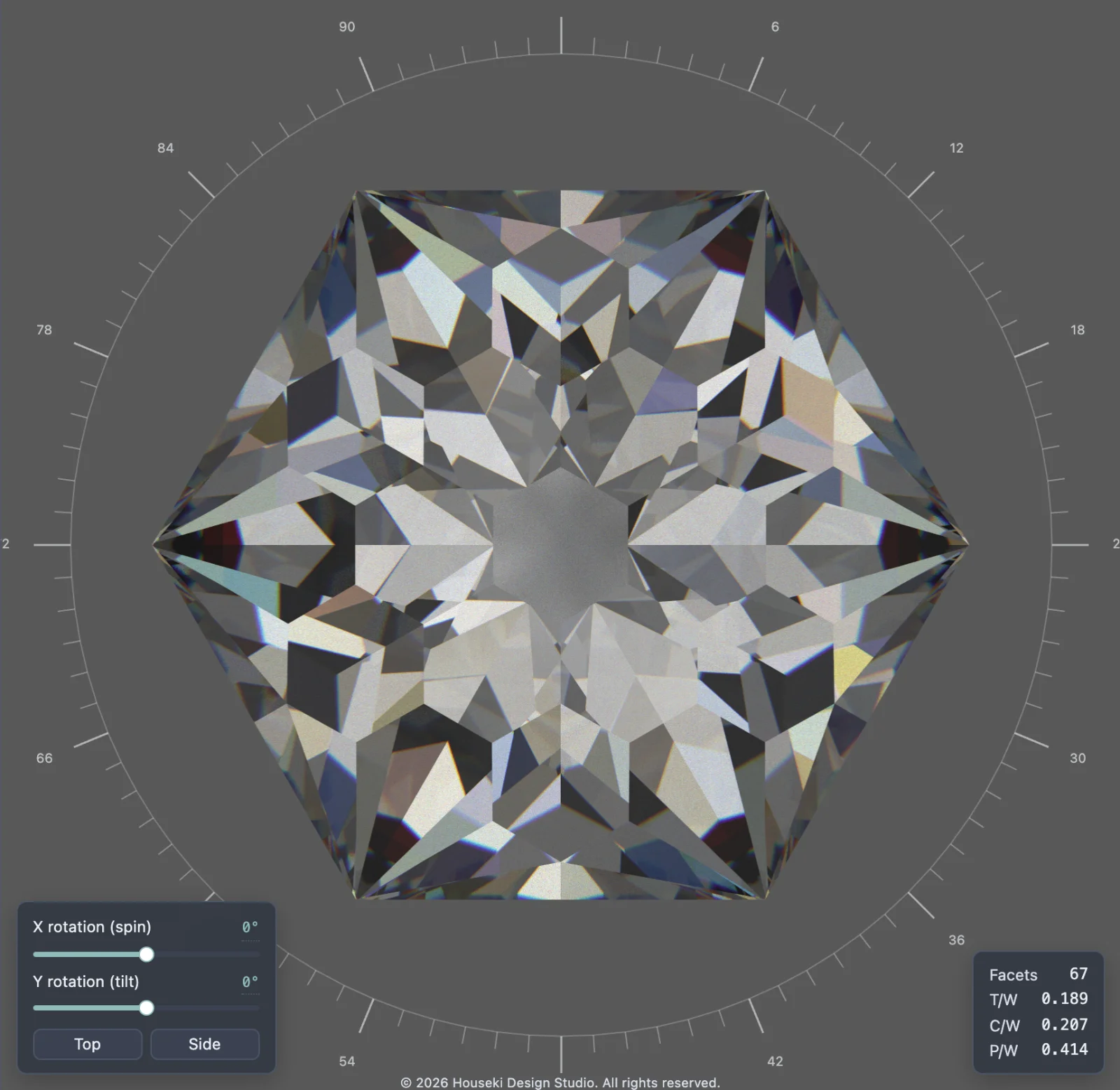The stone in the Monte Carlo renderer with one tier's facets rendered frosted, scattering light rather than reflecting it cleanly