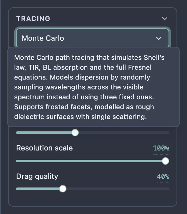 The Tracing section of the settings with the renderer dropdown showing its tooltip, describing the Monte Carlo renderer