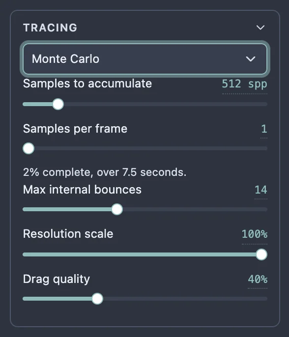 The Tracing section of the settings with the Monte Carlo renderer selected, showing Samples to accumulate, Samples per frame, and the progress line, with no Facet wireframe row