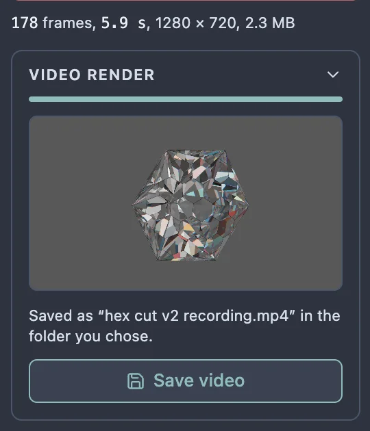 The Video render card after saving: a full progress bar, the last frame, the line above giving the number of frames, the length, the size in pixels and the file size, a line naming the saved file, and a Save video button.