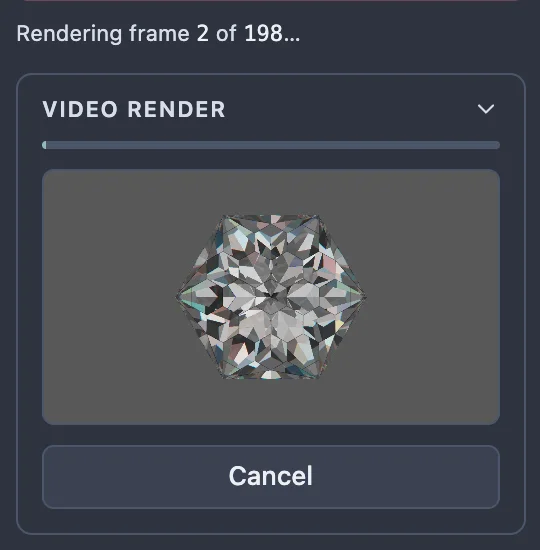 The Video render card while rendering: a progress bar part way along, the frame just rendered, and a Cancel button, with the line above saying which frame is being rendered.
