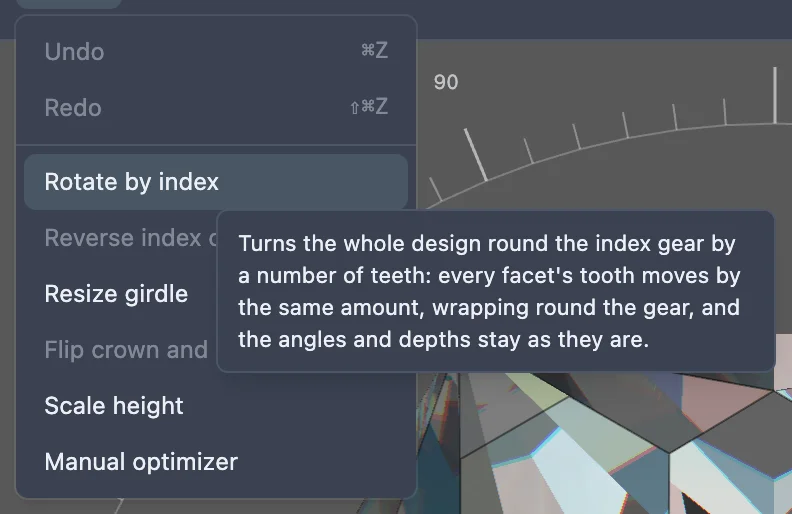 The Edit menu open with Rotate by index highlighted, and its tooltip: Turns the whole design round the index gear by a number of teeth: every facet's tooth moves by the same amount, wrapping round the gear, and the angles and depths stay as they are.