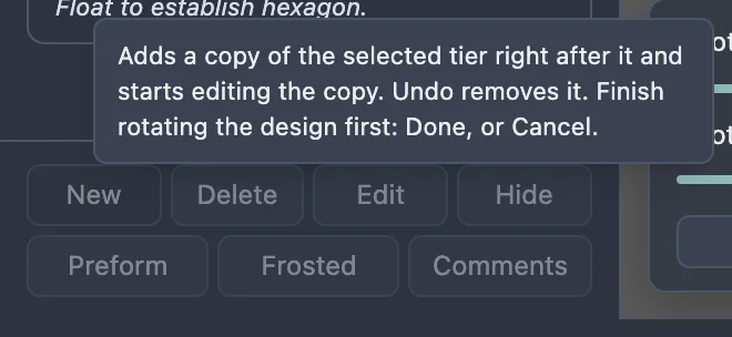 The tier toolbar with every button greyed out, and New's tooltip ending: Finish rotating the design first: Done, or Cancel.
