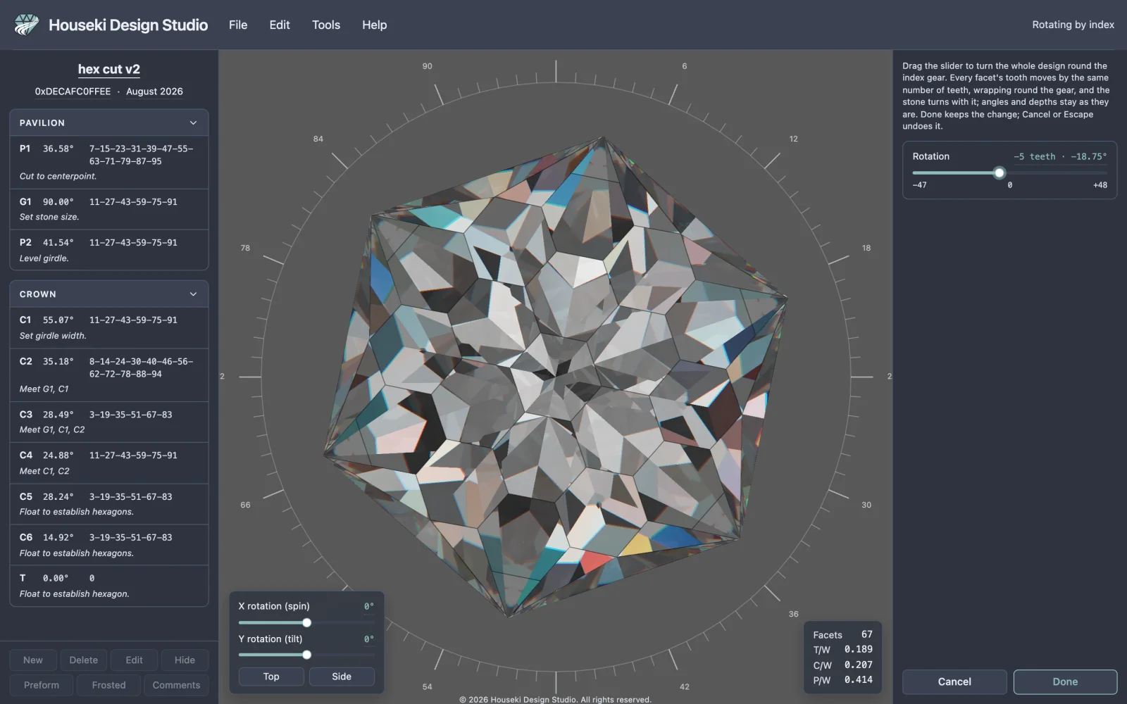Rotate by index mode with the design turned back five teeth: the stone in the middle is turned against the index dial around it, the cutting instructions on the left show every tier's new teeth, and the Rotation slider on the right reads minus 5 teeth, minus 18.75 degrees.