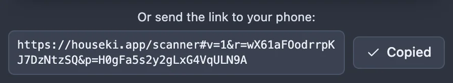 The link under the QR code, in a box, with a Copy button beside it that reads Copied.
