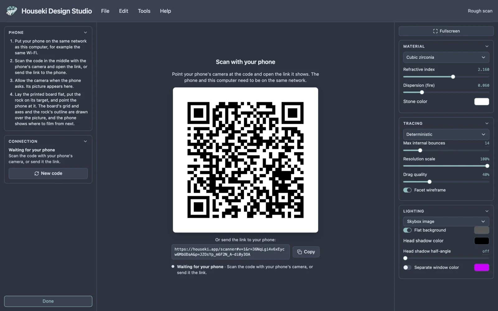 The studio with Rough scan open: the Phone and Connection cards in the left-hand pane, a large QR code in the middle with the link under it and a Copy button, and the render settings on the right.