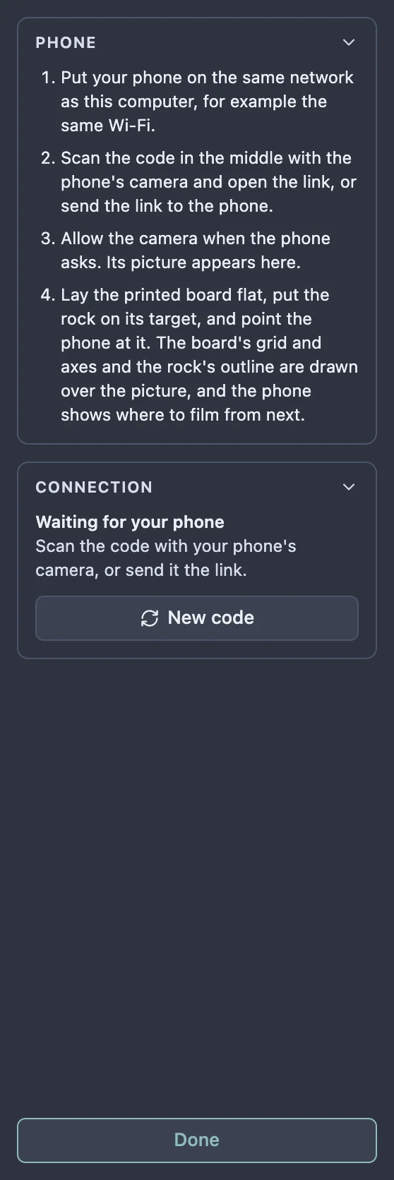 The left-hand pane in Rough scan: the Phone card with four numbered steps, the Connection card reading Waiting for your phone with a New code button, and Done at the bottom.