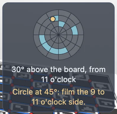 A small round map with a ring of filled light-blue cells part of the way round, a yellow dot for the camera, the words 30° above the board, from 11 o'clock, and the tip Circle at 45°: film the 10 to 11 o'clock side.