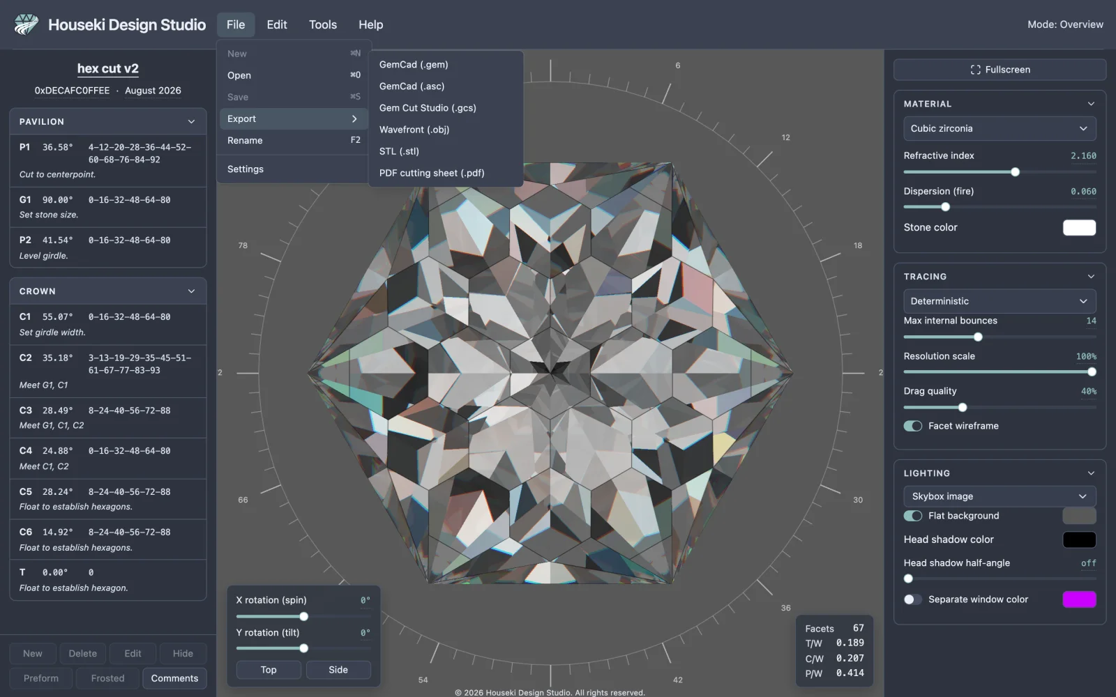 The Export submenu open, listing GemCad (.gem), GemCad (.asc), Gem Cut Studio (.gcs), Wavefront (.obj), STL (.stl) and PDF cutting sheet (.pdf)