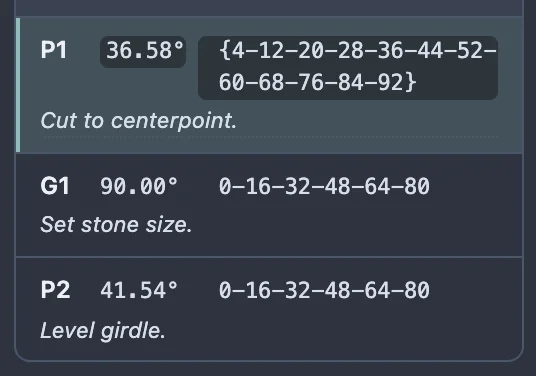 A tier row reading 'P1  36.58°' with its angle and its braced, greyed index list '{4-12-20-28-36-44-52-60-68-76-84-92}' on a darker background