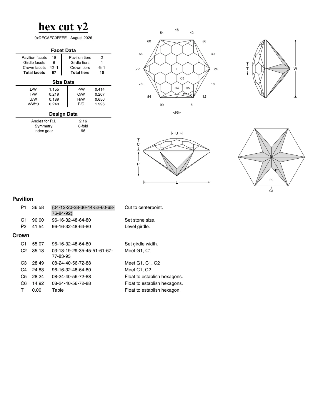 A generated PDF cutting sheet: the design's name and byline, three data tables, four line drawings of the stone with one pavilion tier shown frosted and in braces, and the pavilion and crown cutting instructions below