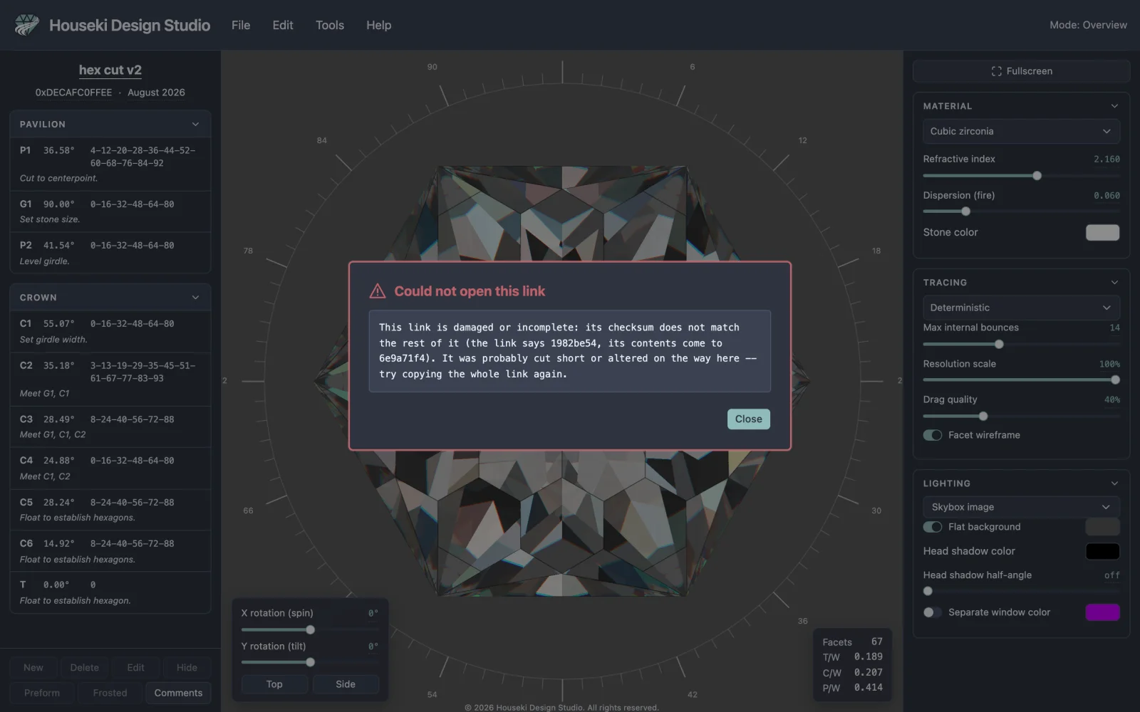 A warning dialog: Could not open this link. This link is damaged or incomplete: its checksum does not match the rest of it. It was probably cut short or altered on the way here &ndash; try copying the whole link again.