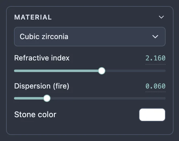 The Material section of the render settings: the material dropdown, Refractive index, Dispersion (fire) and Stone color.