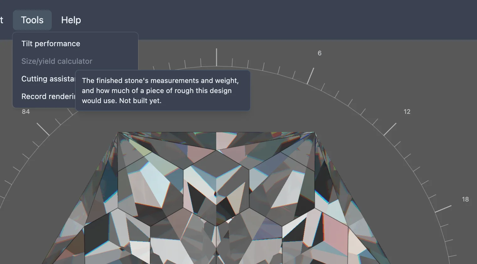 Hovering Size/yield calculator in the Tools menu shows a tooltip reading: The finished stone's measurements and weight, and how much of a piece of rough this design would use. Not built yet.