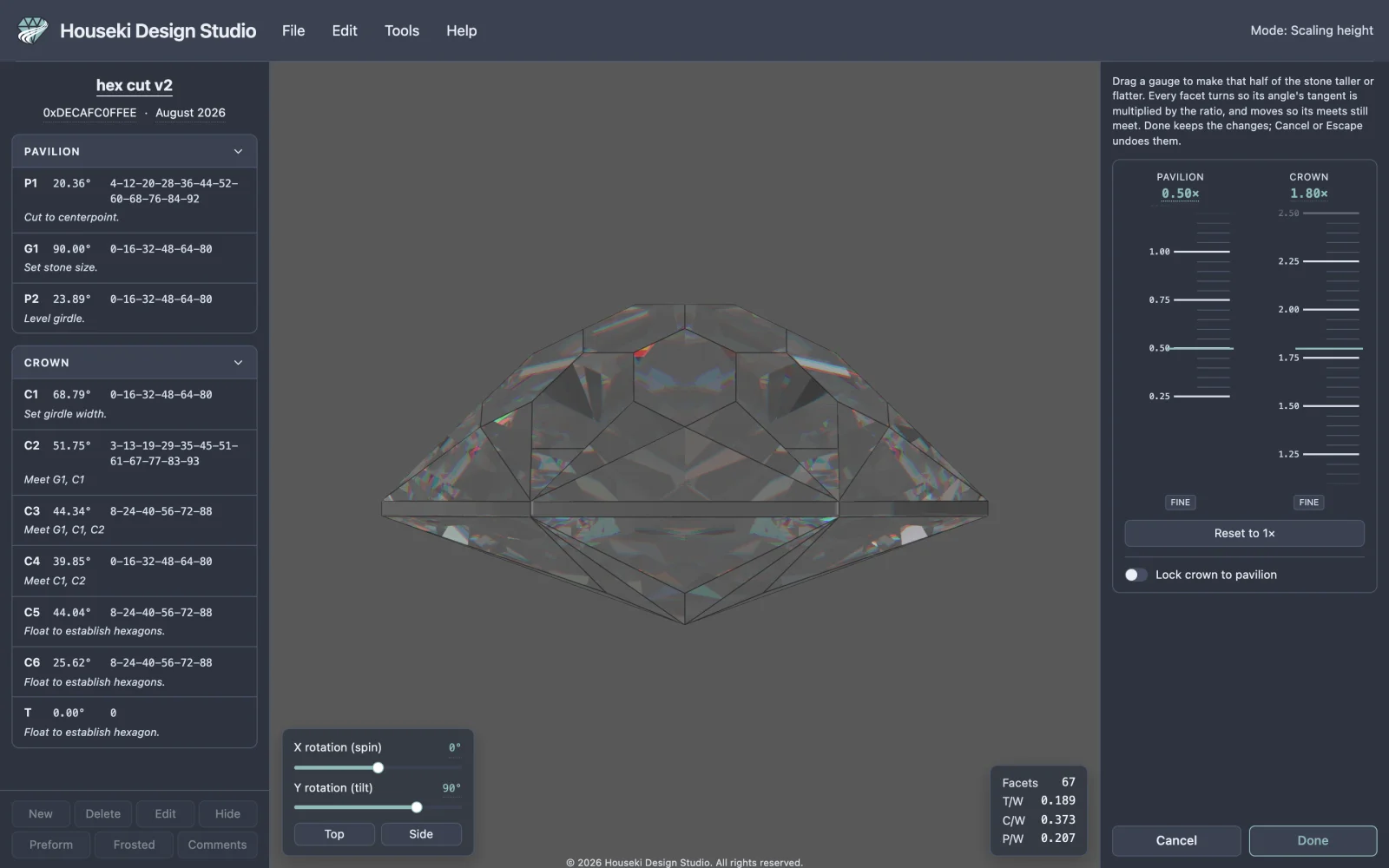 The same stone after setting Pavilion to 0.50x and Crown to 1.80x: the pavilion has flattened and the crown has grown much taller, while the girdle and table stay the same size.