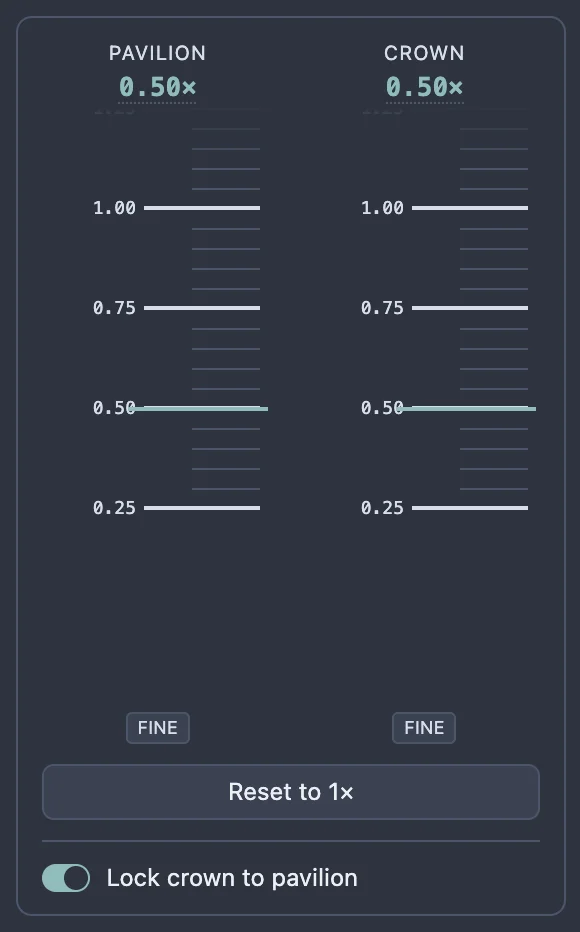 Both gauges reading 0.50x with the Lock crown to pavilion switch turned on, and Reset to 1x now active.
